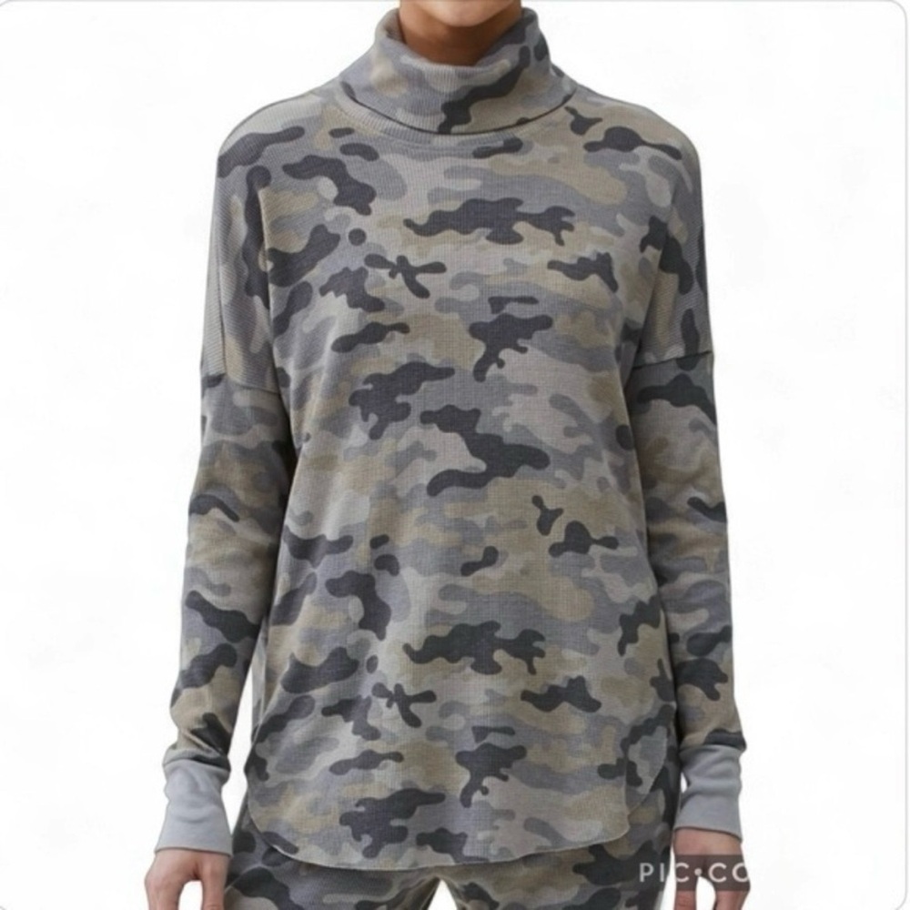 Michael Stars Marcy Top Camo Cowl Neck Grey Ribbed Waffle Weave Knit XS Casual